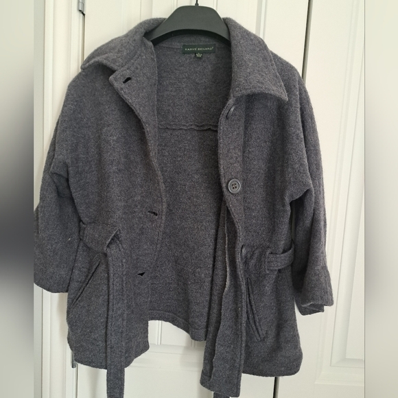 HARVE BENARD 100% wool jacket sweater 3/4 sleeves grey button belted SZ LG - Picture 7 of 7